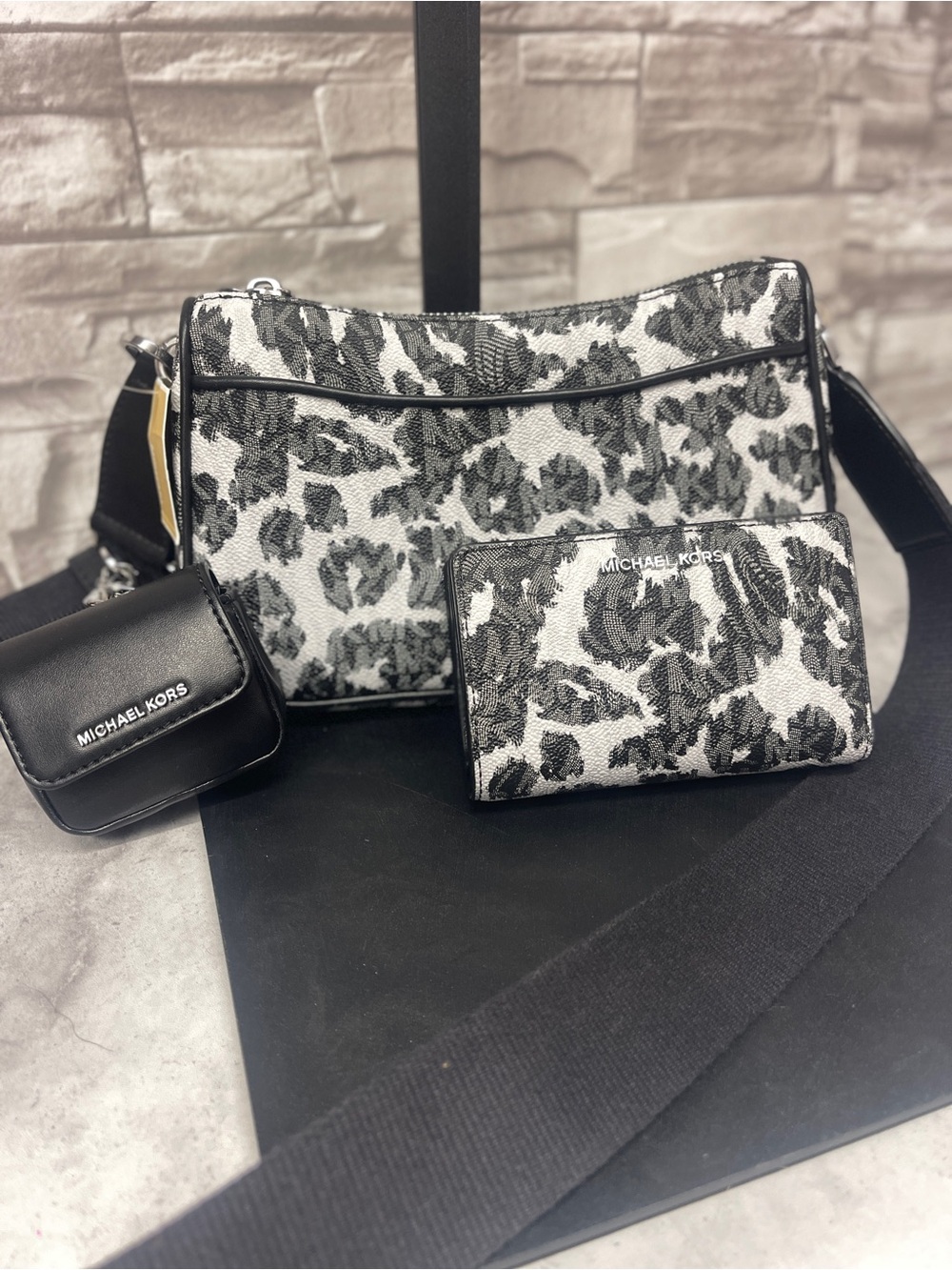 Michael Kors Black & White Leopard Print Crossbody Bag with Wallet